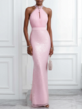 Pink Imitation Pearls Cut Out Sequin Halter Sleeveless Sheath Maxi Dress