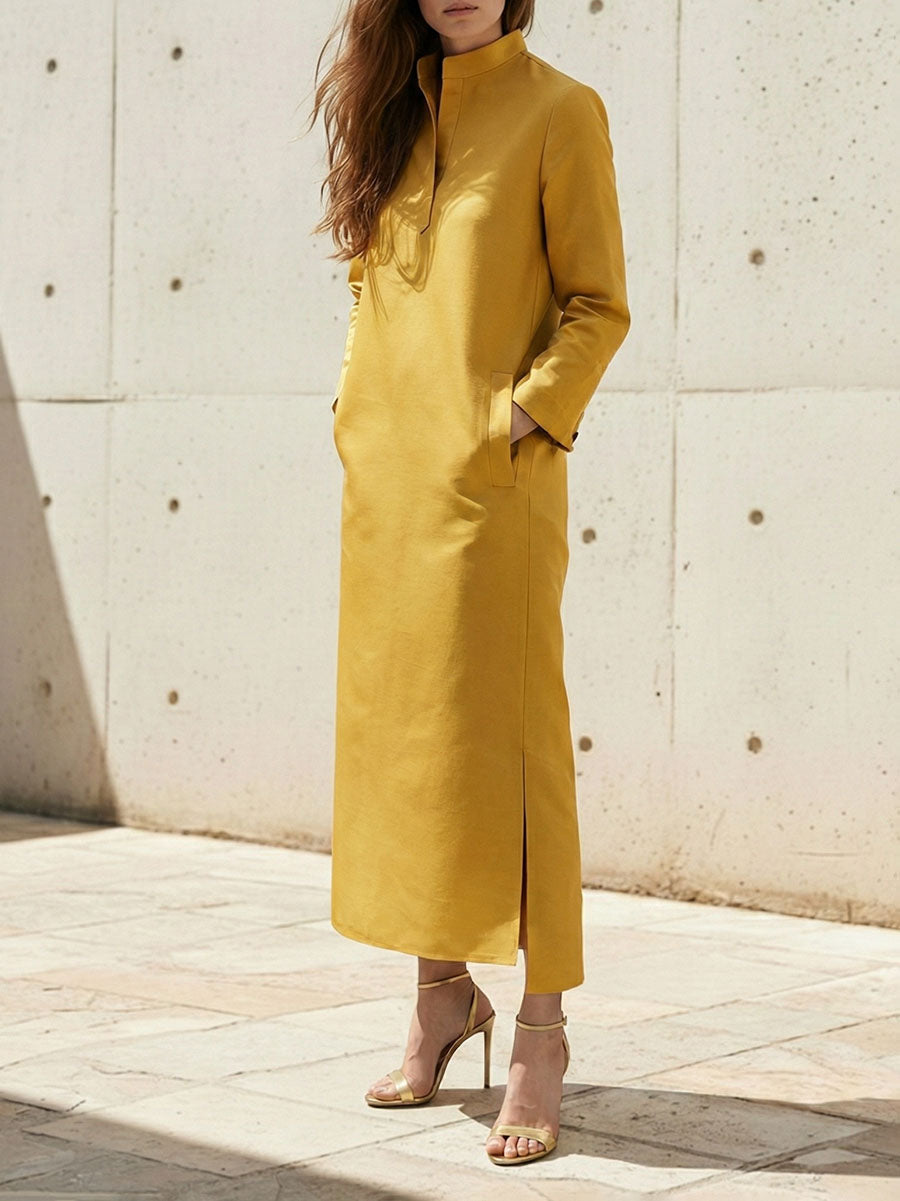 Long Sleeves Loose Solid Color Split-Side Stand Collar Midi Dresses