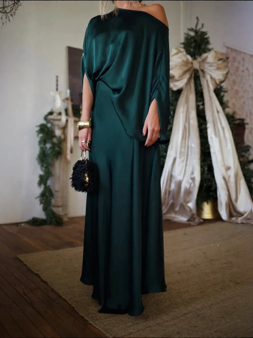 Convertible Draped Top & A-Line Maxi Skirt Set