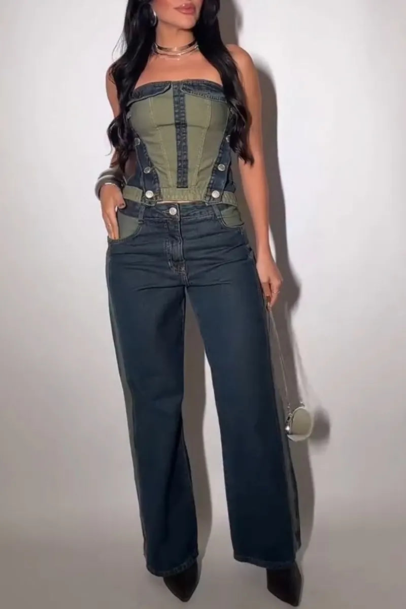 Women's Casual Color Block Denim Bustier or Wide Leg Jeans