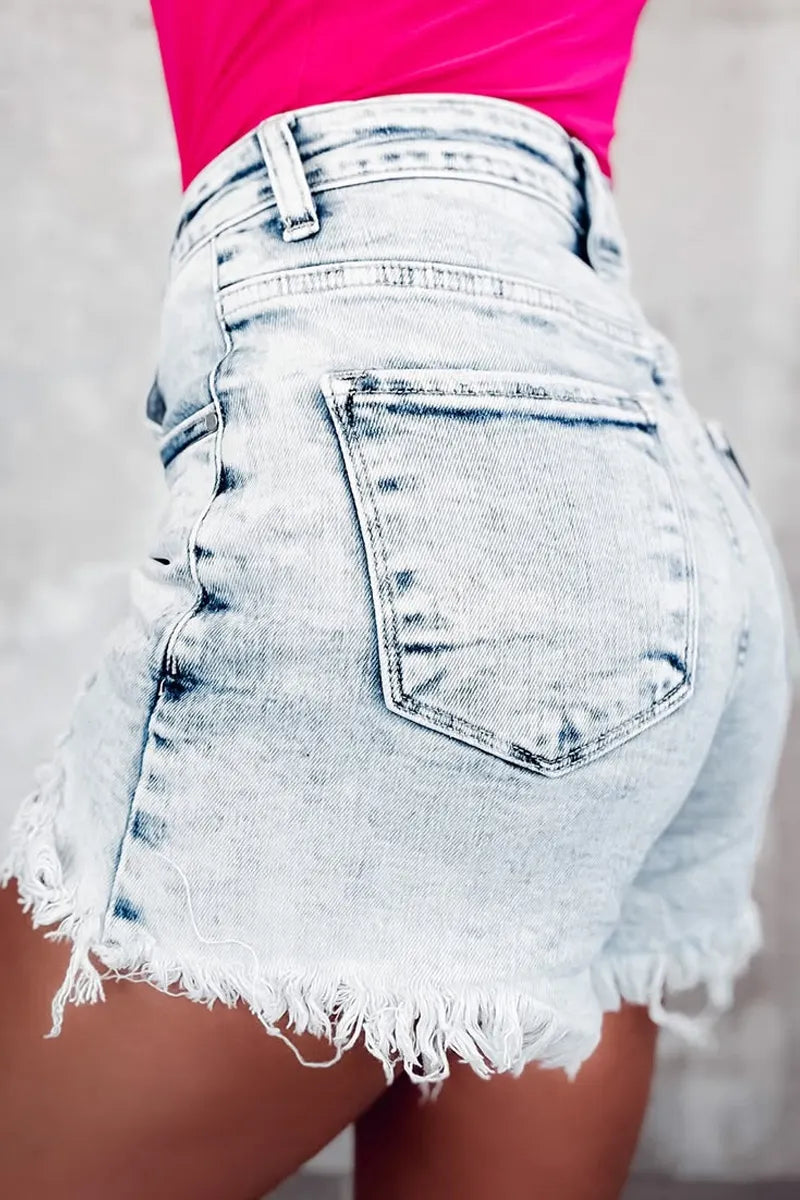 Women's High-Waisted Denim Shorts with Crossover Waistband & Distressed Hem