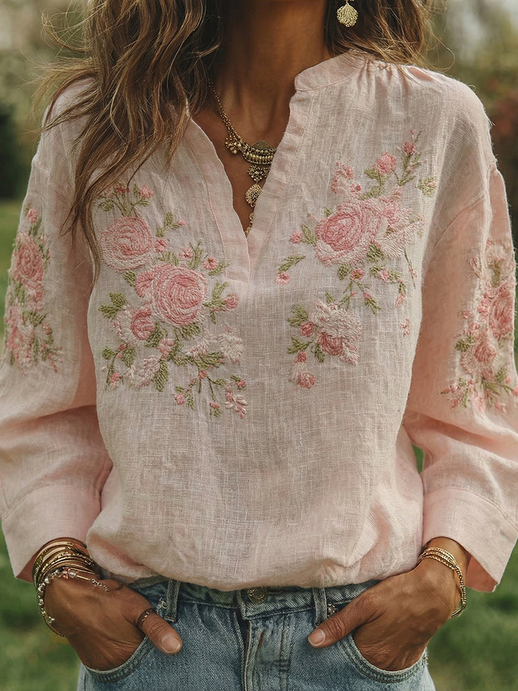 Women's Rose Art Pattern V-neck Loose Blouse