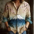 Japanese Style Mt. Fuji Gradient Pattern Men's Linen Long Sleeve Shirt