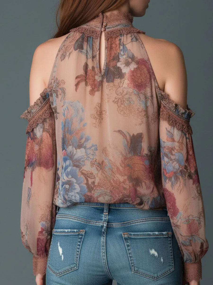 Boho Blush Floral Chiffon Cold-Shoulder Halter Blouse