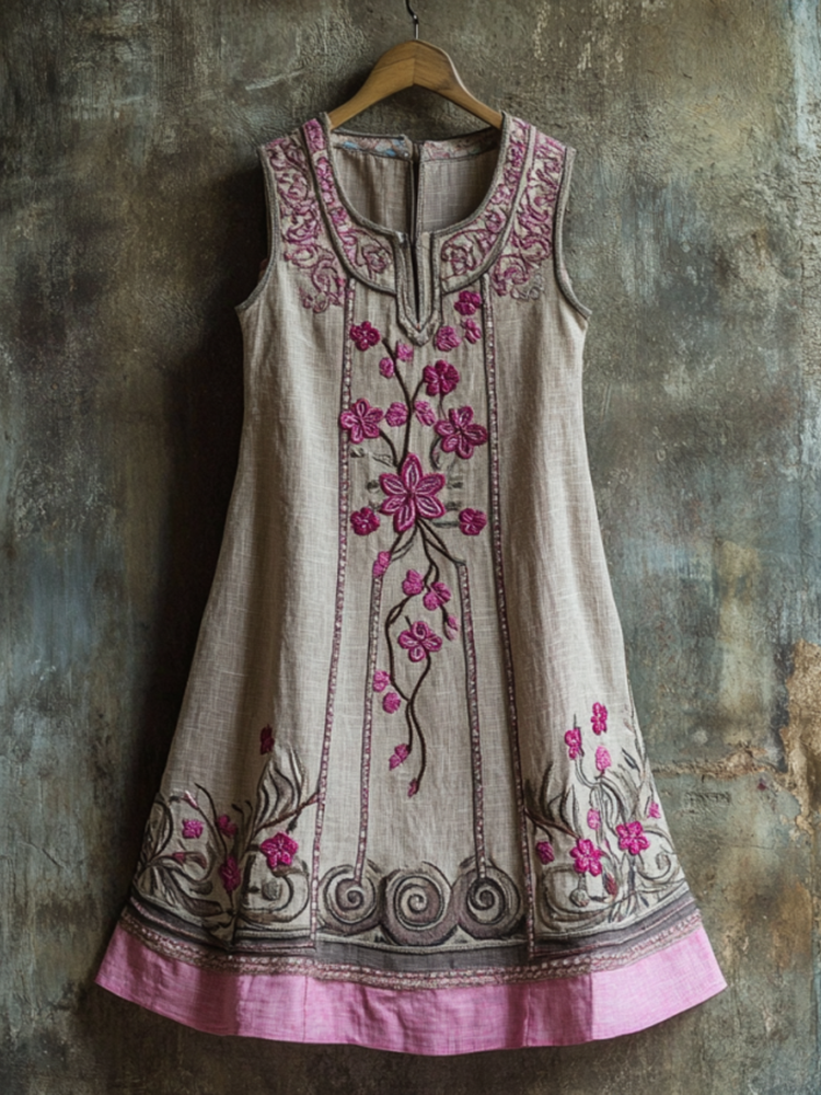 Vintage Celtic Knot With Cherry Blossoms Pattern Linen Tank Dress