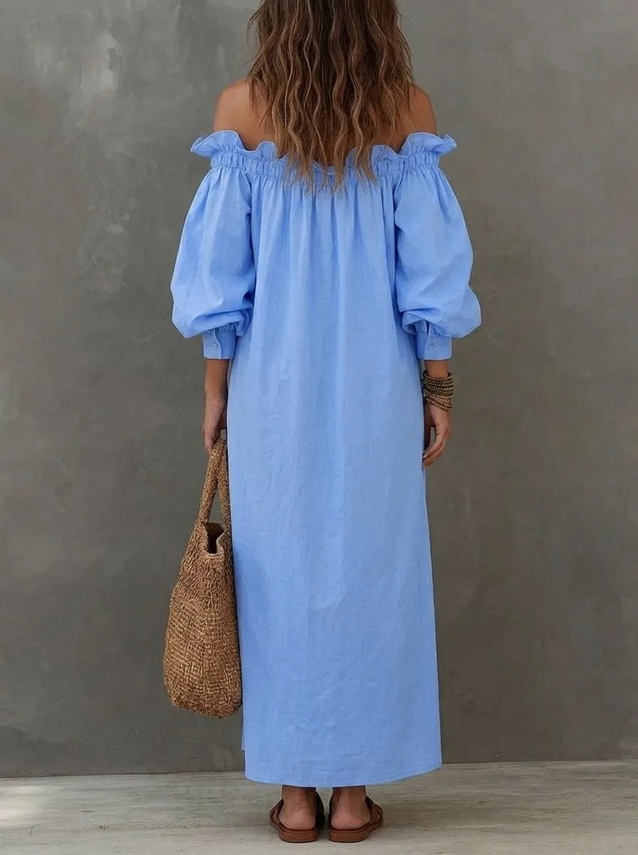 Womenâs Elegant Romantic Vocation Off-shoulder Ruffle Button Down Maxi Dress