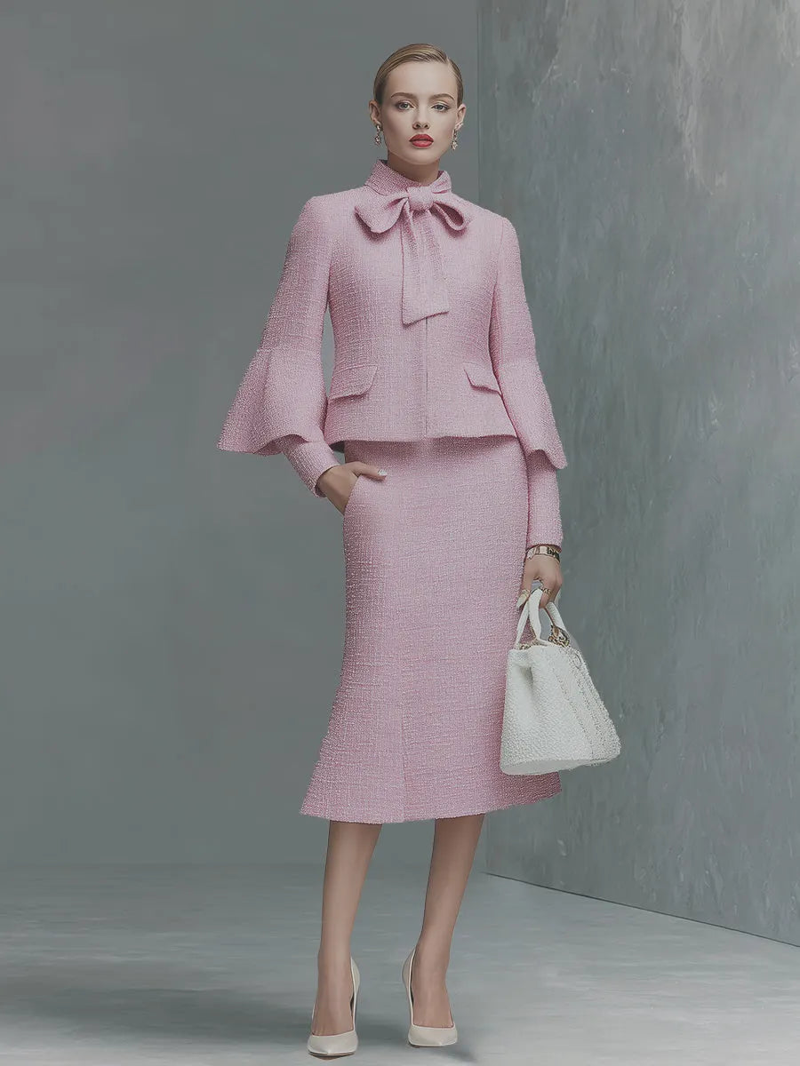 Elegant Neckline Bow Tie Trumpet Sleeve Jacket Skirt Tweed Set