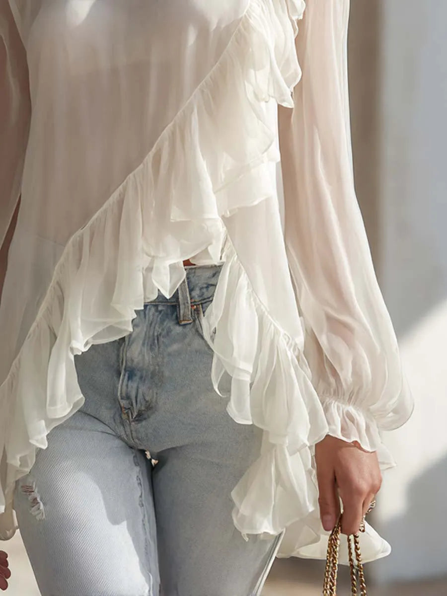 Retro-style Irregular Ruffled Hem Chiffon Blouse