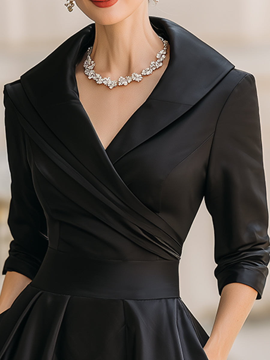 Vintage-Inspired Satin Midi Dress With Draped Collar