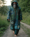 Men's Summer Vacation Stars and Moon 3D Embroidery Casual Linen Stitching hooded kaftan fe35