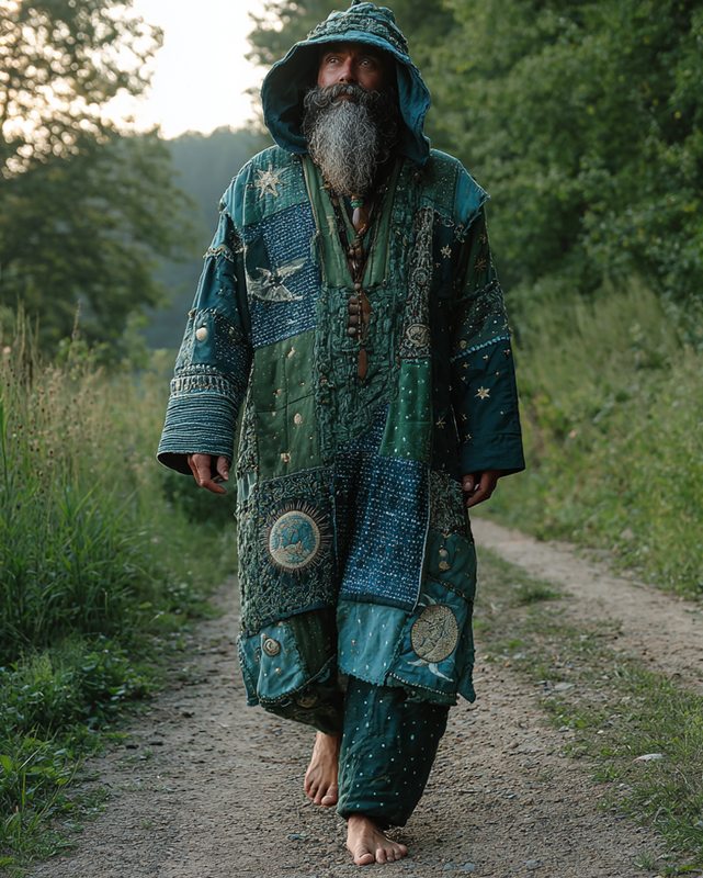 Men's Summer Vacation Stars and Moon 3D Embroidery Casual Linen Stitching hooded kaftan fe35