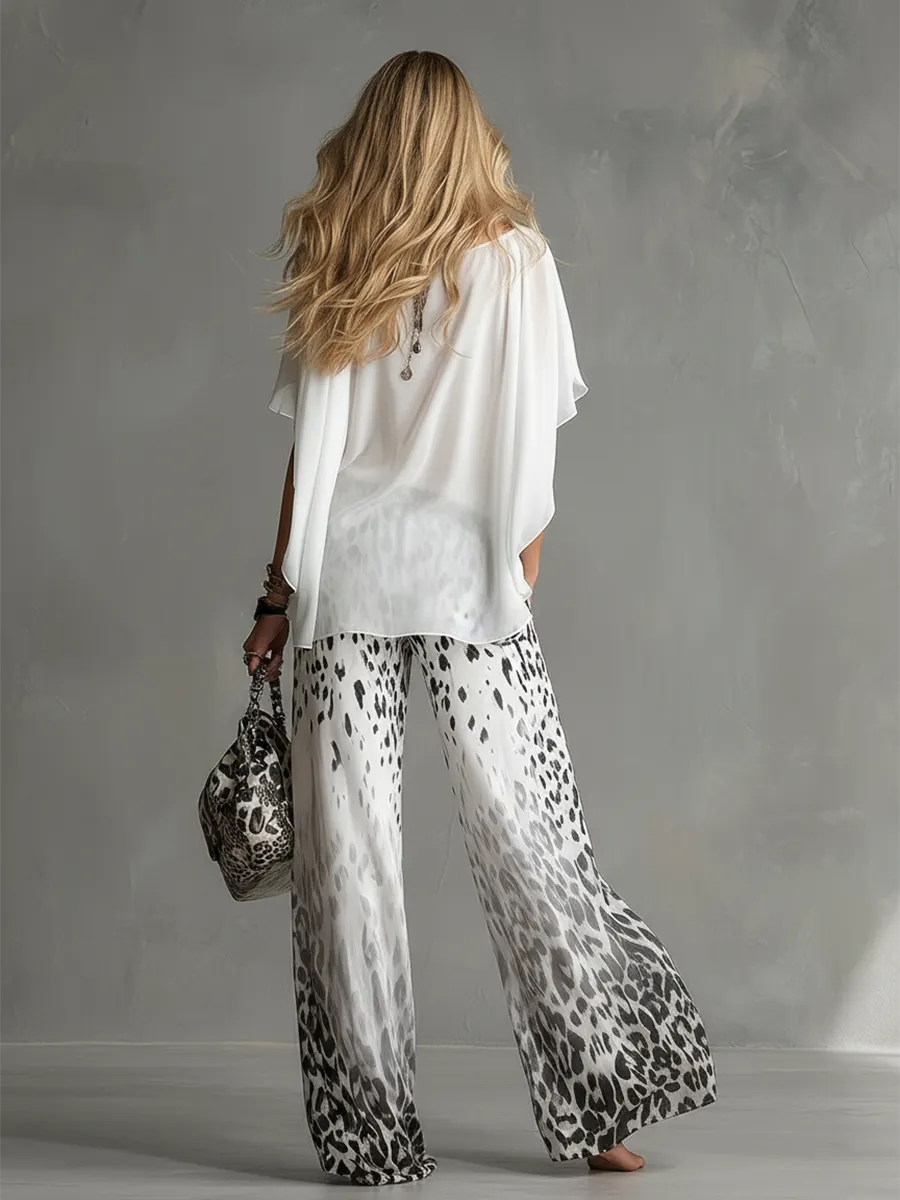 Modern And Stylish White T-shirt And Leopard Print Chiffon Pants Set