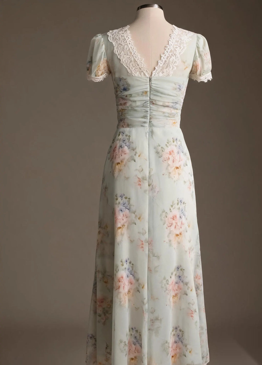 Women's Green Floral Print Chiffon Long Dress Scalloped Lace V-Neck Button Front Summer Sundress