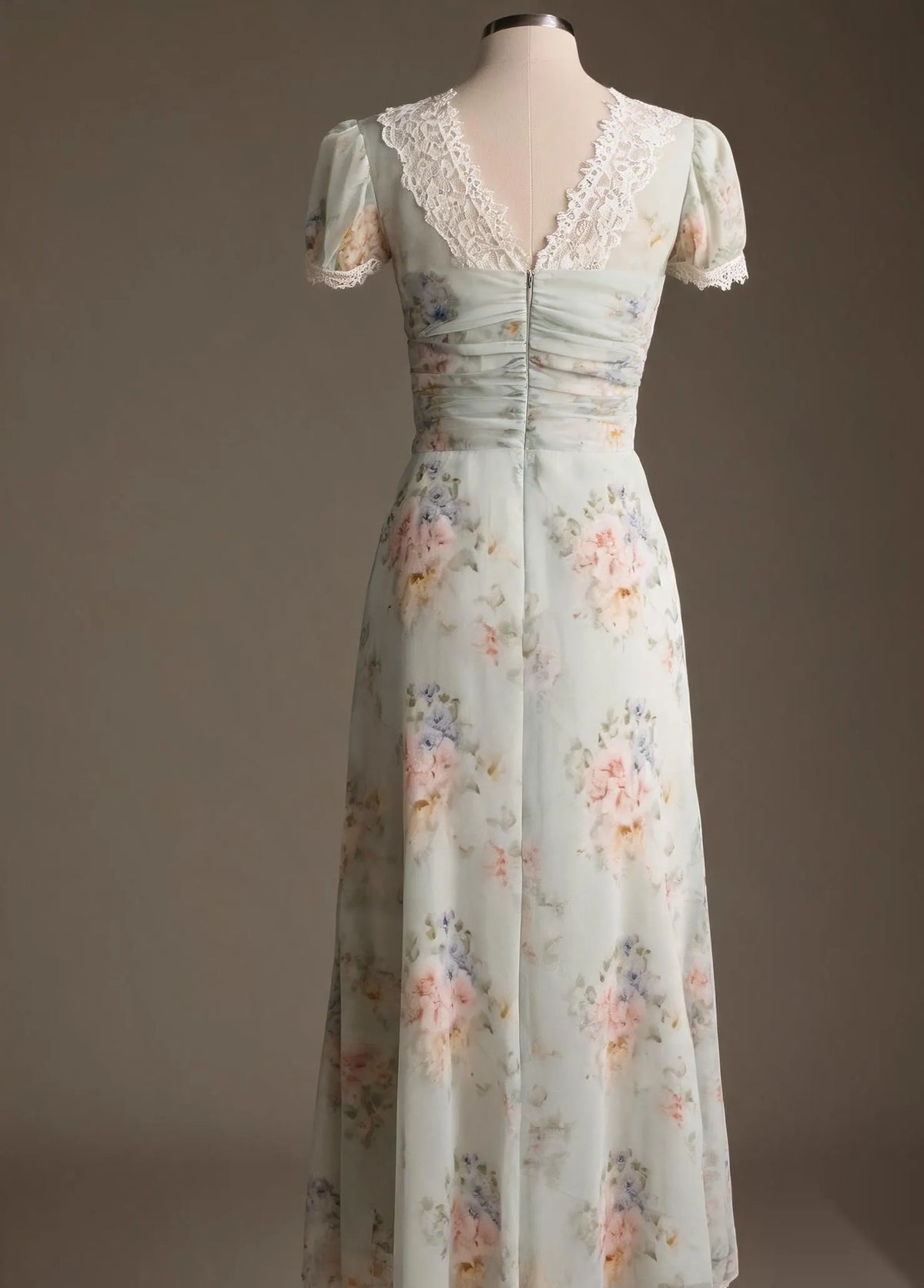 Women's Green Floral Print Chiffon Long Dress Scalloped Lace V-Neck Button Front Summer Sundress