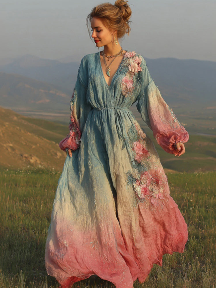 Women's Retro Bohemian Style Artistic Floral V-neck Long Dress.