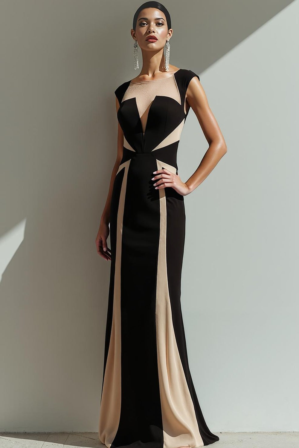 Evening Formal Dress Sheath Black Crew Neck Splicing Maxi Dress