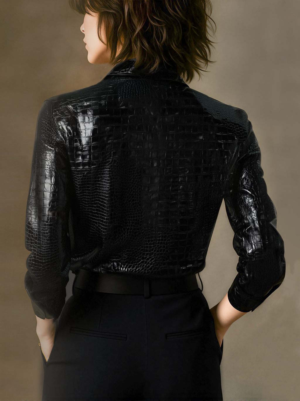 Glossy Black Crocodile Embossed Shirt