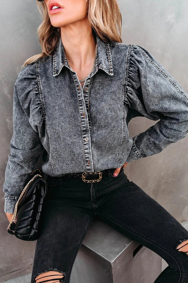Casual Versatile Gigot Sleeve Washed Denim Shirt