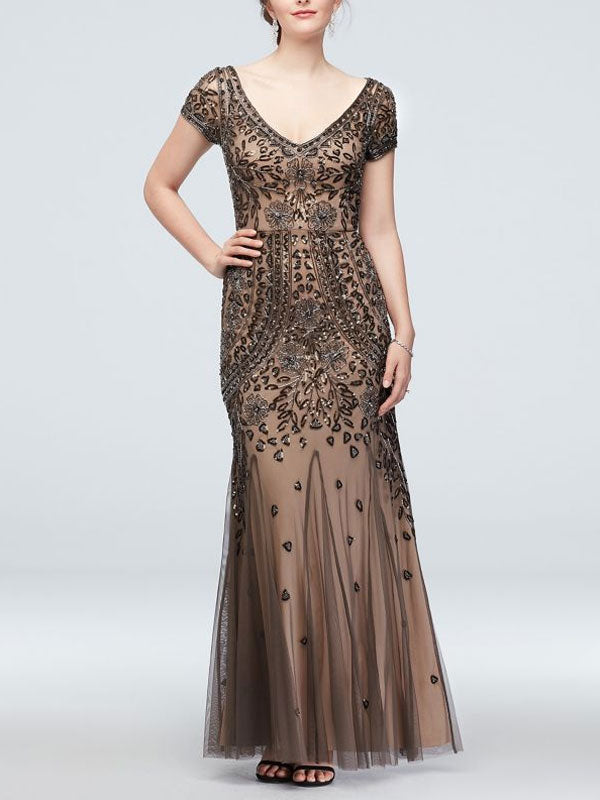 V-neck Beaded Short Sleeve Dress with Godets Mother of the Bride Dress