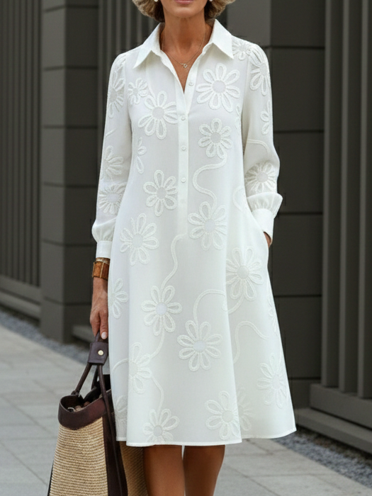 Elegant Floral Embroidered Shirt-collar Dress