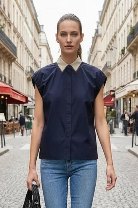 Short Sleeve Blouse with Detachable Collar