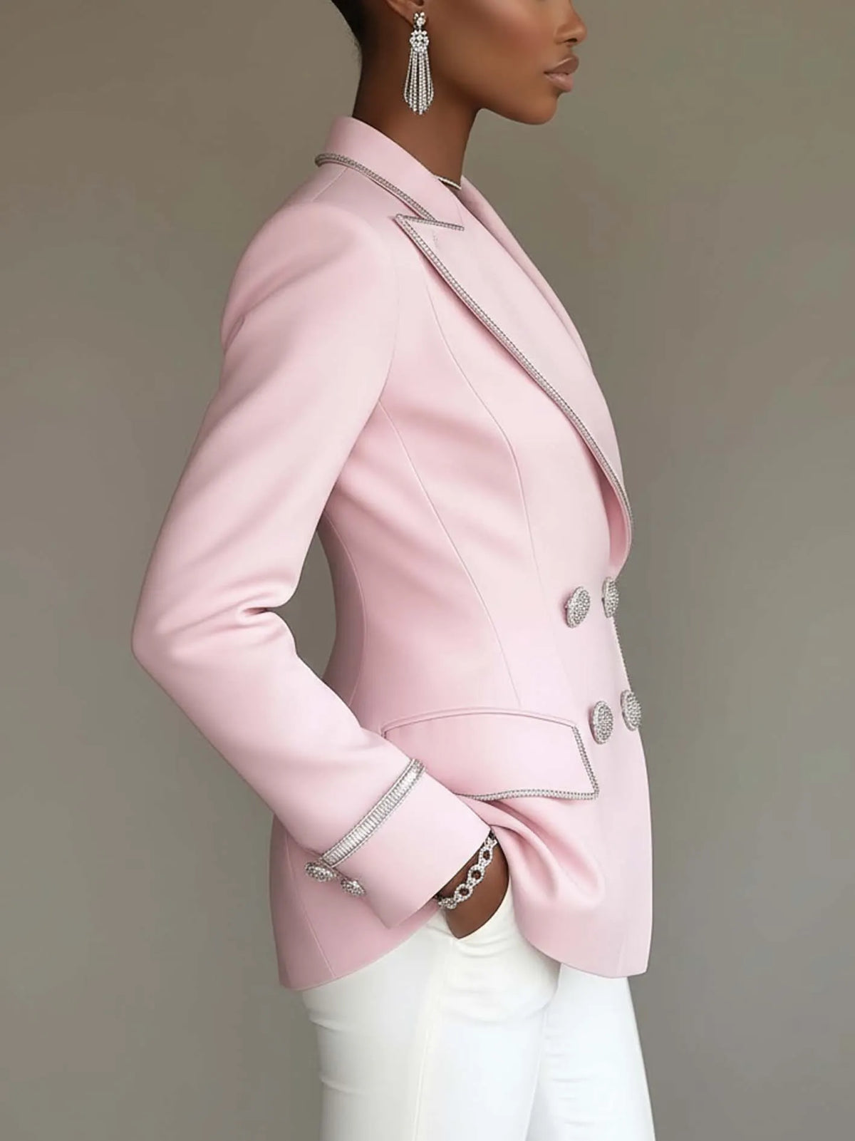24-Hour-Shipping Pink Blazer With Silver Trim And Double-breasted Buttons