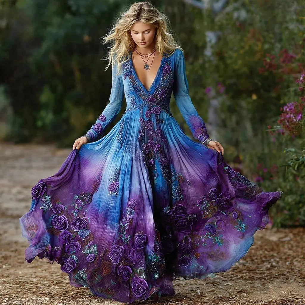 Women's Vintage Purple Rose Art Pattern Gradient Long Sleeve Dress