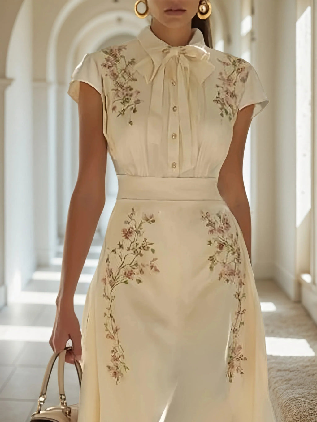 Apricot Embroidery Bow Classic Shawl Collar Cap Sleeve A-Line Midi Dress