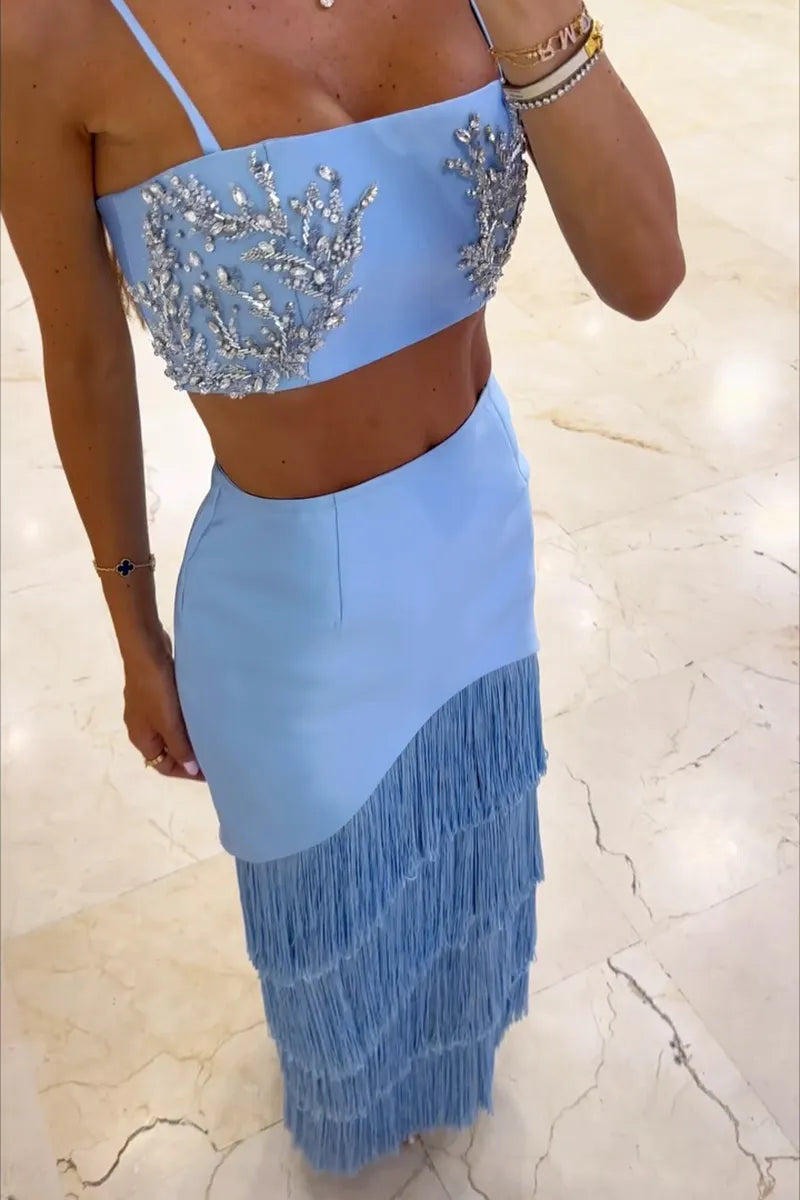 Women's Elegant Rhinestone Beaded Vest or Tiered Fringe Skirt