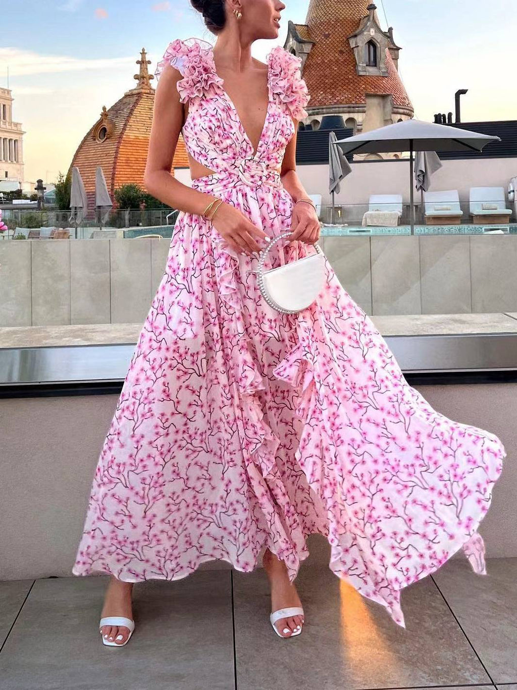 Deep V-neck Floral Hollow Maxi Dress