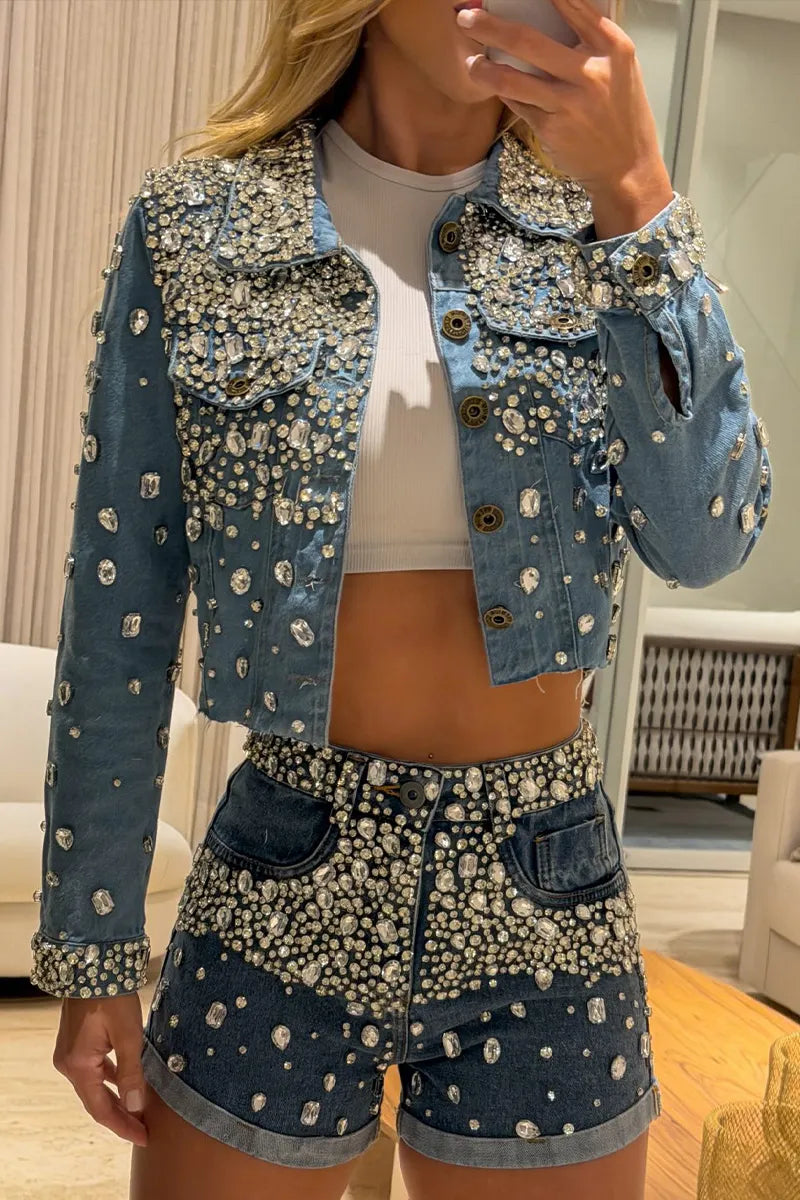 Women's All Over Multi Size Rhinestone Lapel Long Sleeve Cropped Denim Jacket Or High Waist Heavy Rhinestone Embellished Cuff Hem Pocket Denim Shorts
