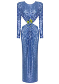 Long Sleeve Crystal Flower Sequin Maxi Dress Blue