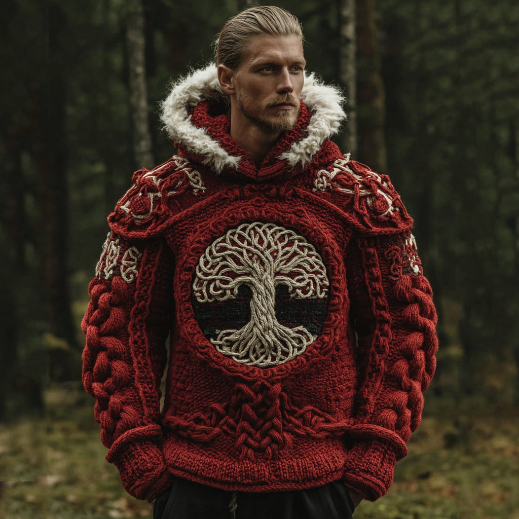Men's Vintage Viking Tree Of Life Jacquard Knit Hooded Sweater