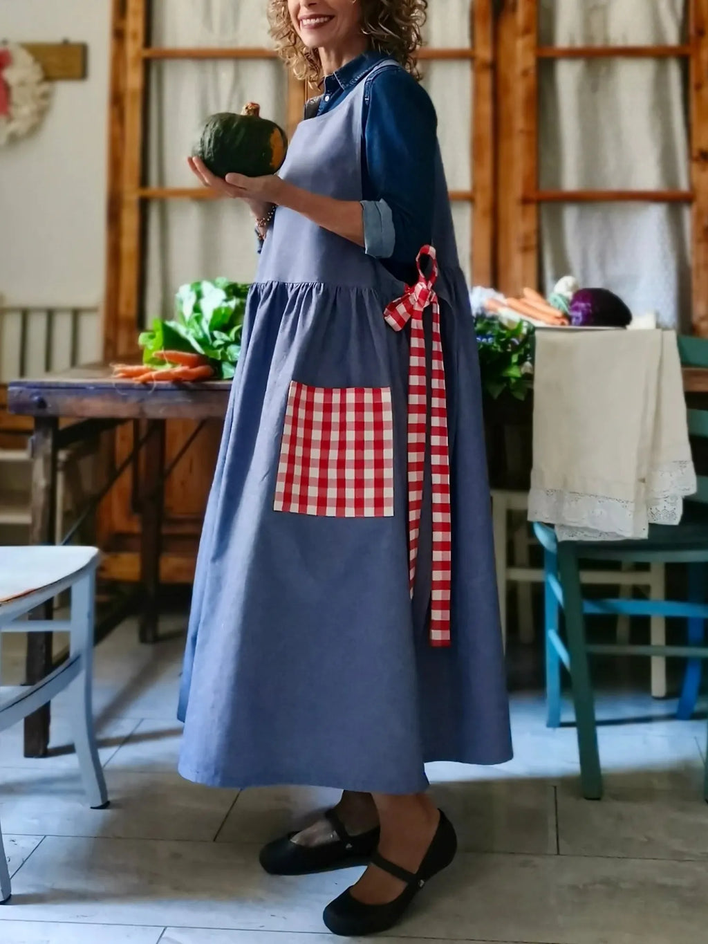Navy Blue Apron with Red Checkered Pockets