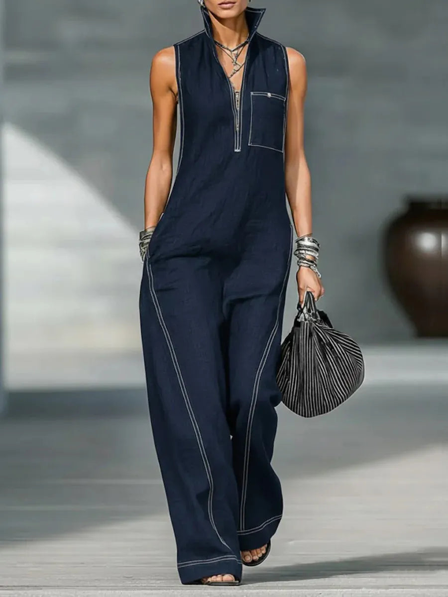 Modern Stand-Collar Denim Jumpsuit - Sleeveless Half-Zip Wide Leg One-Piece Romper