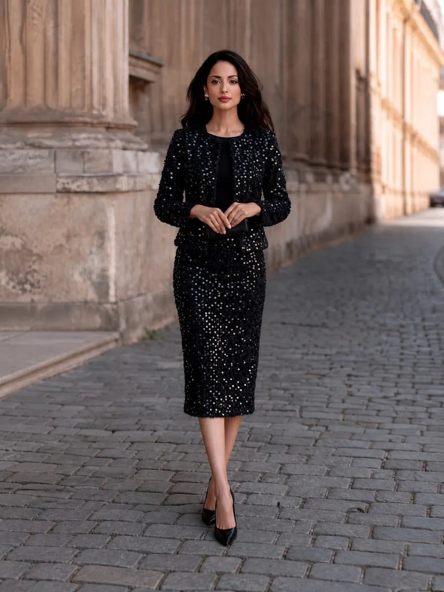 Sequin Tweed Cropped Jacket Midi Skirt Two-Piece Set