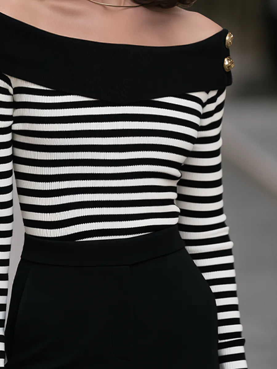 Off-Shoulder Striped Button-Shoulder Ribbed Knit Sweater