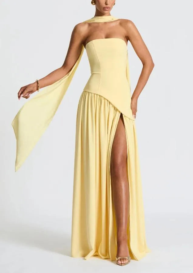 Strapless Slit Ribbon Maxi Dress