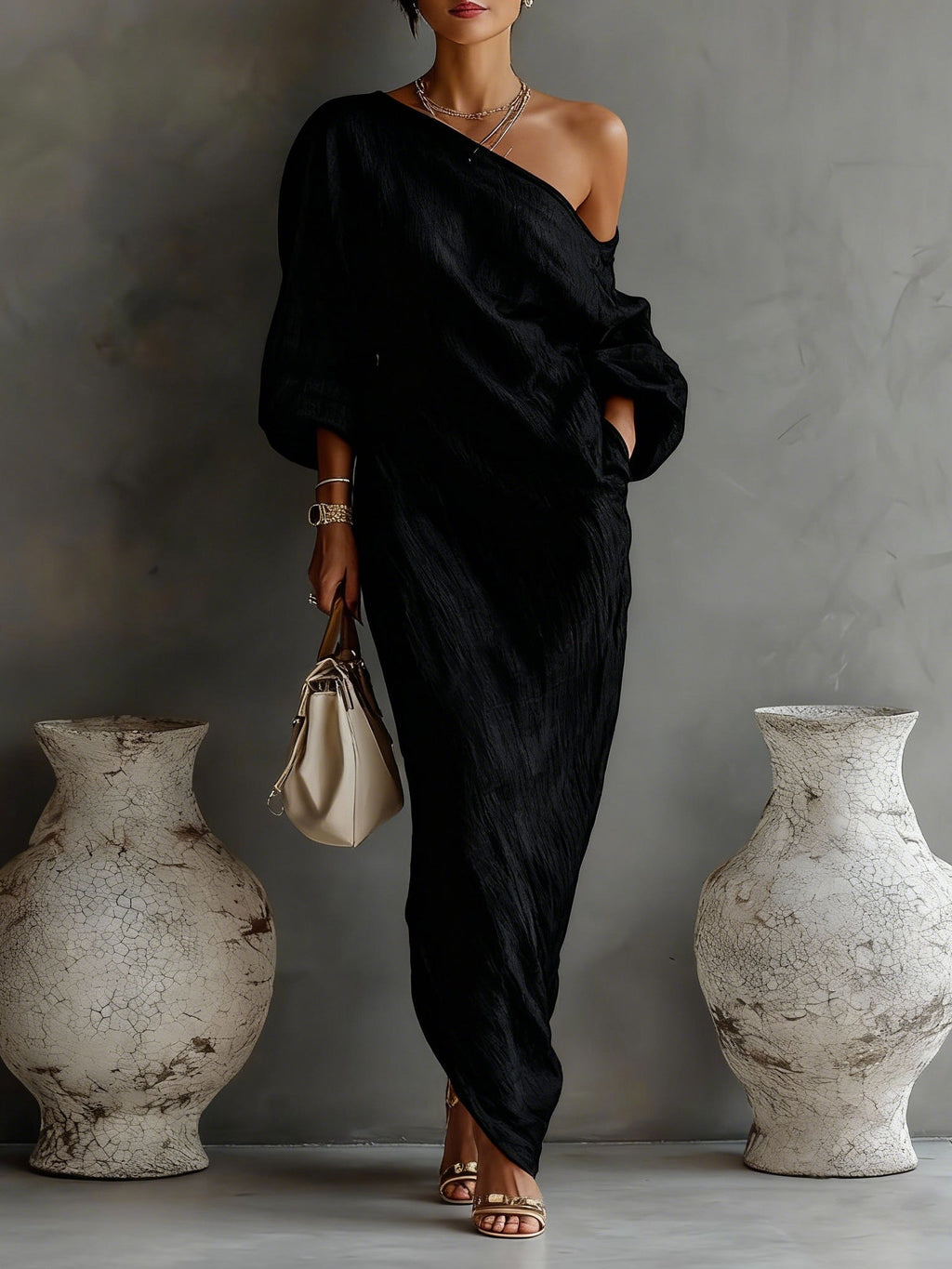 Black One-shoulder Flowing Elegant Maxi Dress