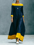 Women's Minimalist Color-Block Linen-Blend Maxi Dress With Crew Neck And Three-Quarter Sleeves MDZ0992G2WY