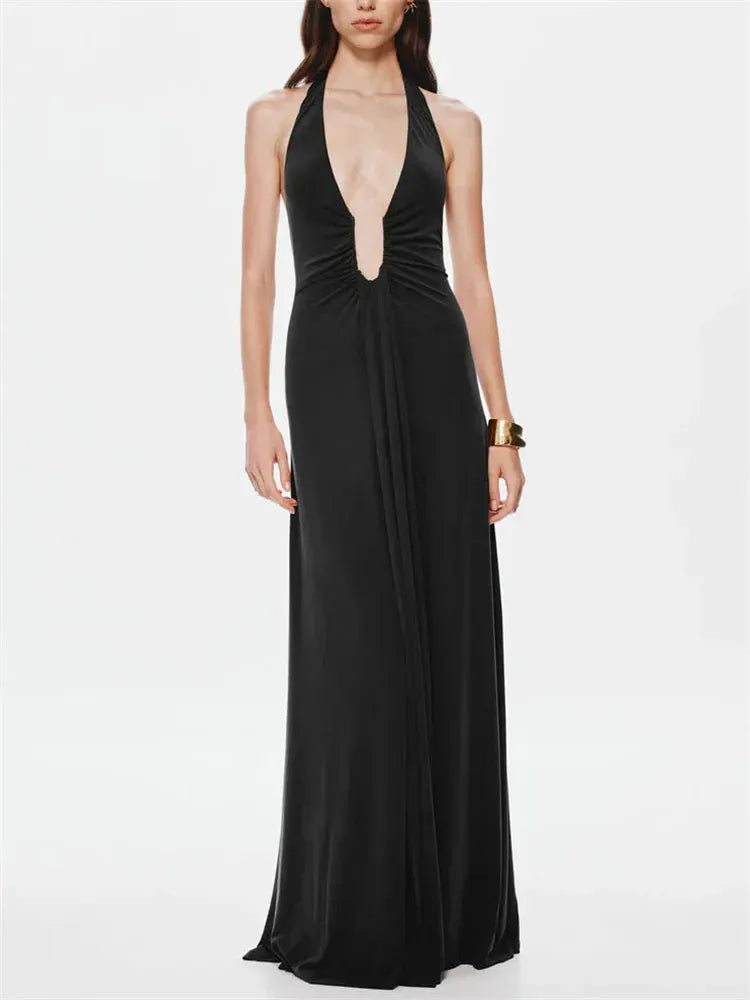 Savina Halterneck Plunge Ruched Maxi Dress – White, Chocolate Brown, Lilac, Silver & Black Summer Occasion Dress