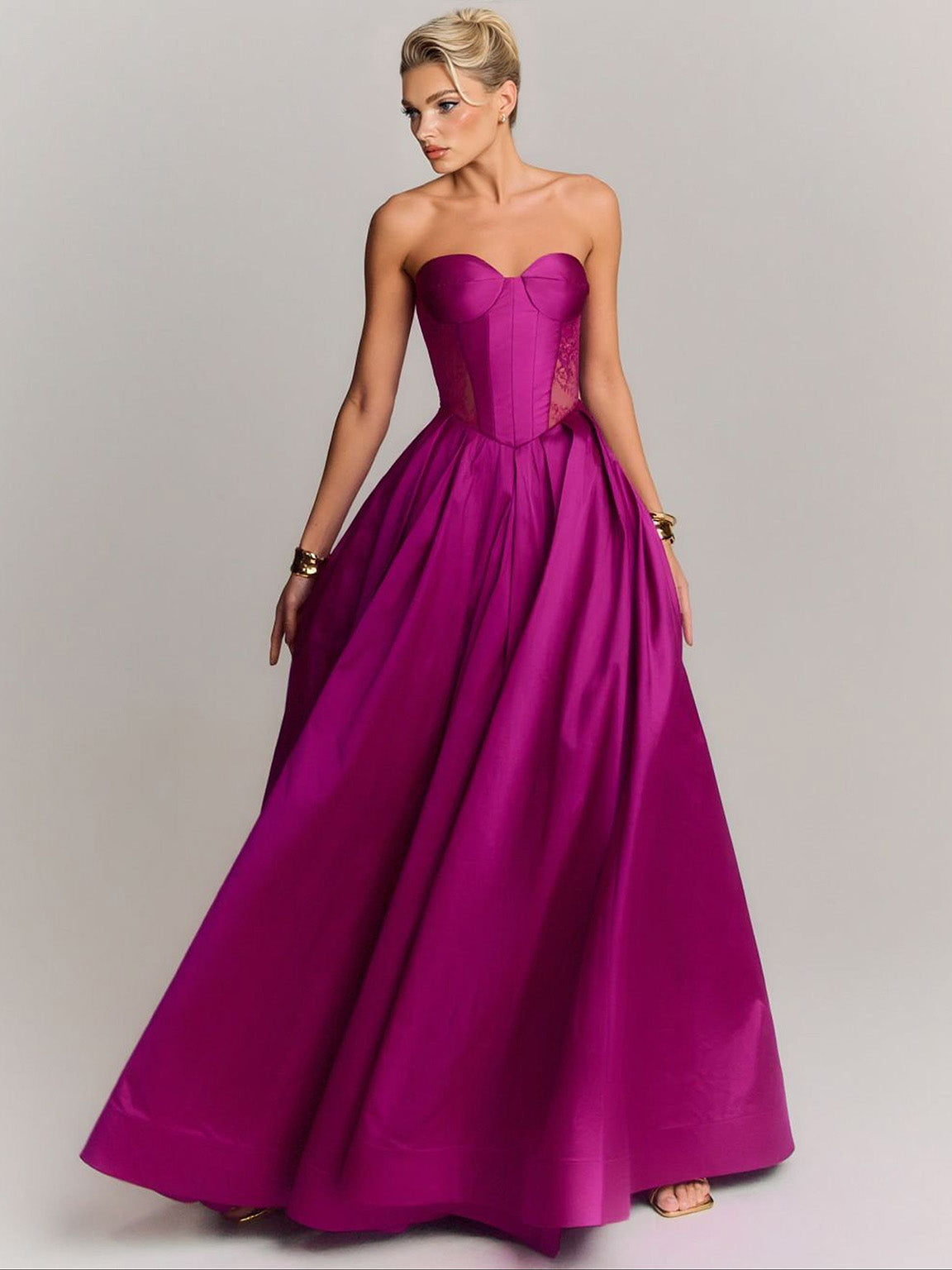Elegant Strapless Lace-Panel Ball Gown Maxi Dress