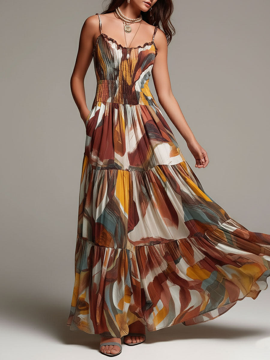 Boho Abstract Multicolor Smocked Bodice Maxi Dress