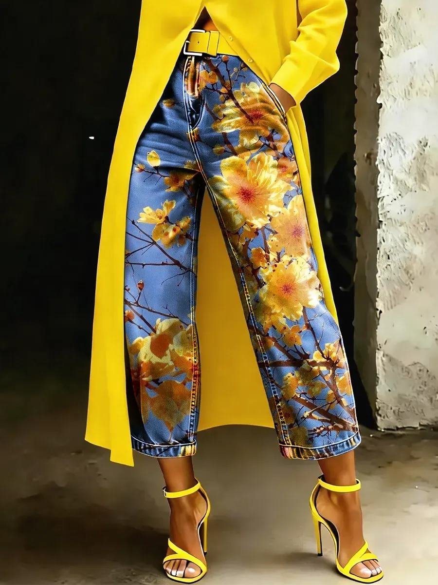 Woman's Casual Loose Multicolored Floral Print Jeans