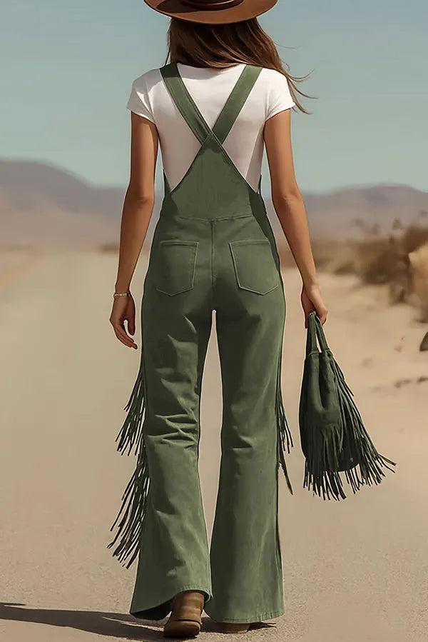 Stylish Suede Tassel Button Pocket Casual Wide-leg Overalls