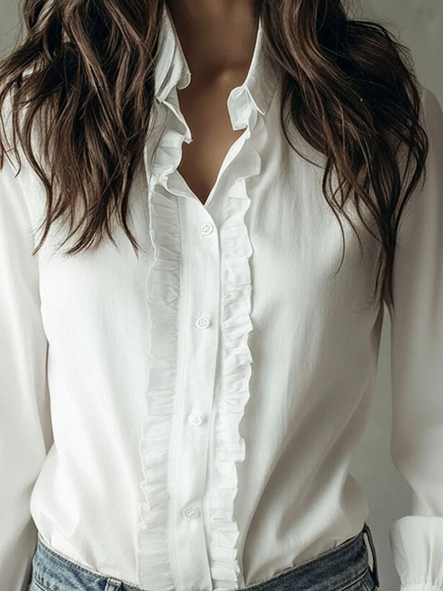 Elegant Ruffled Button-Down Long Sleeve Shirt With Flared Cuffs