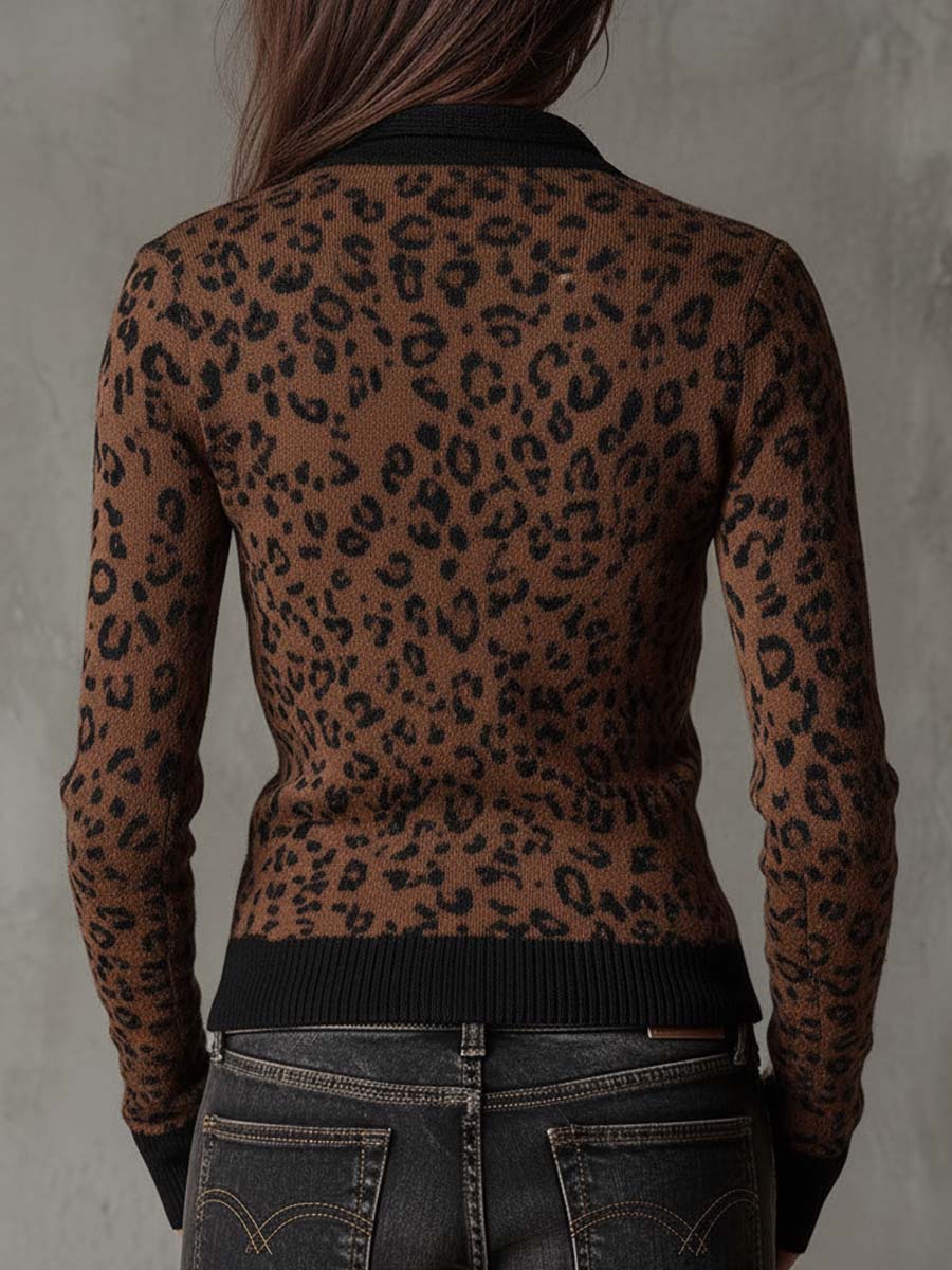 Vintage Leopard Print Slim Fit Zip Cardigan