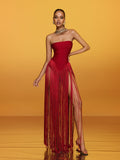 Rendor Strapless Fringe Bandage Maxi Dress