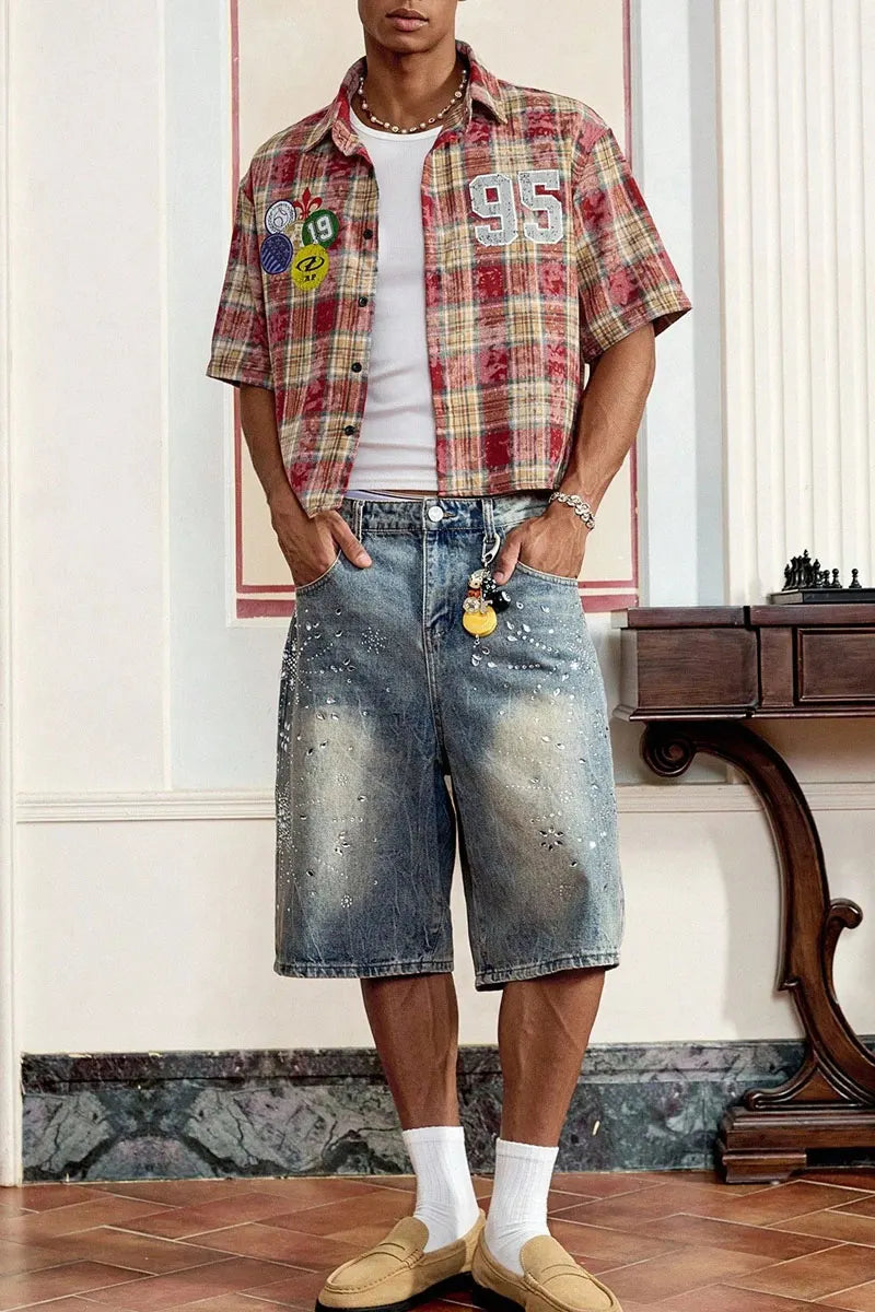 Men Cropped Distressed Plaid Short-Sleeve Shirt with Patches