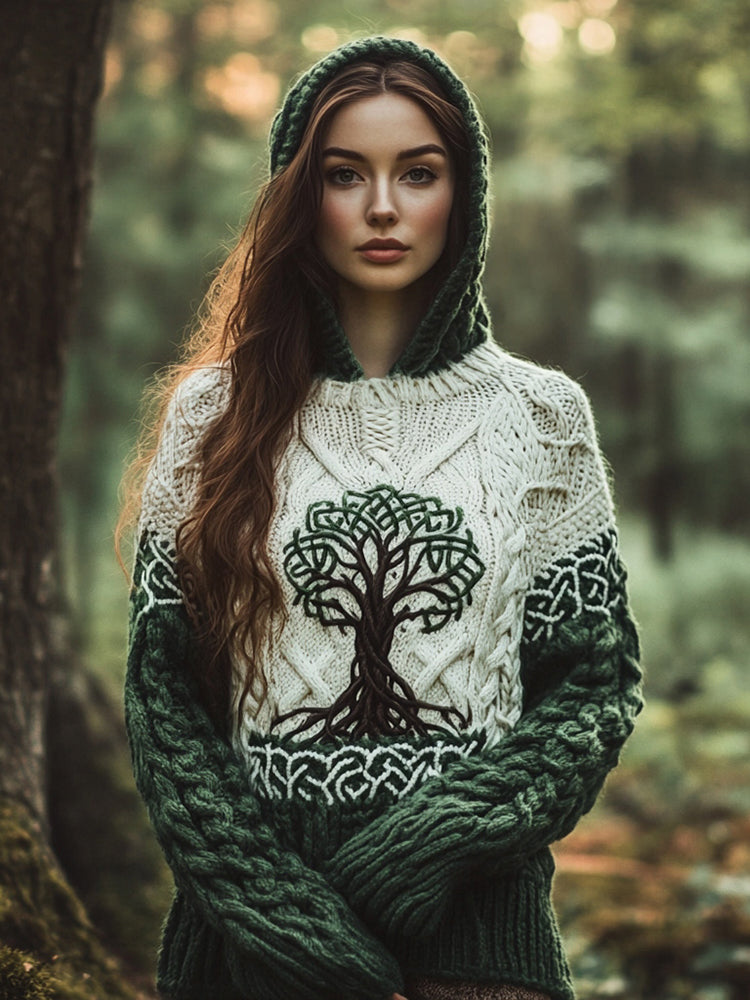 Women's Celtic Tree Of Life Jacquard Ethereal Forest Hooded Sweater